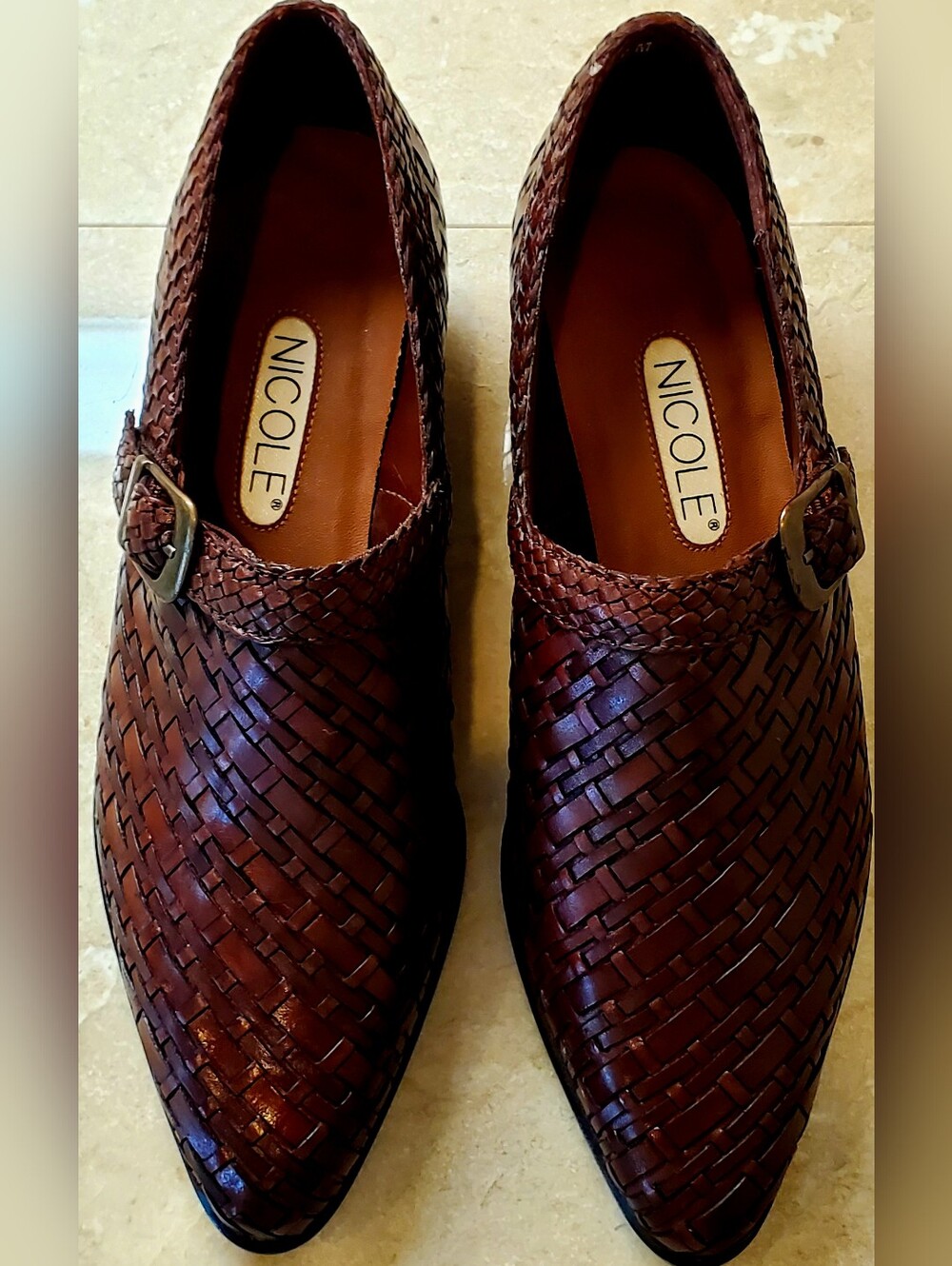 Nicole by Nicole Miller Victoria 7.5M Woven Leather Buckle Mules in Dark Brown - Picture 8 of 13